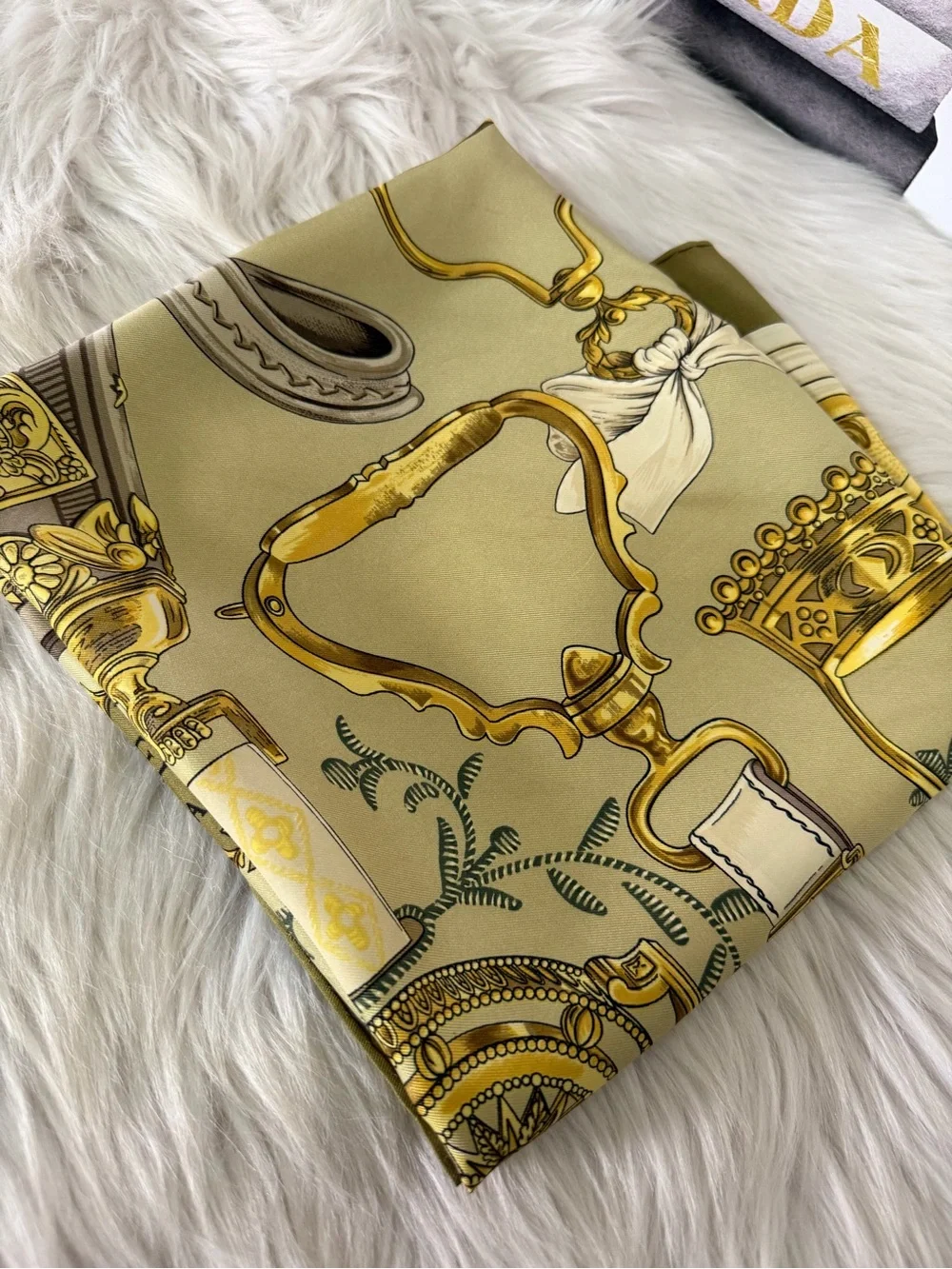 Hermes Etriers Silk Scarf with Gold Equestrian Hardware Print in Olive and Cream - Picture 5 of 16